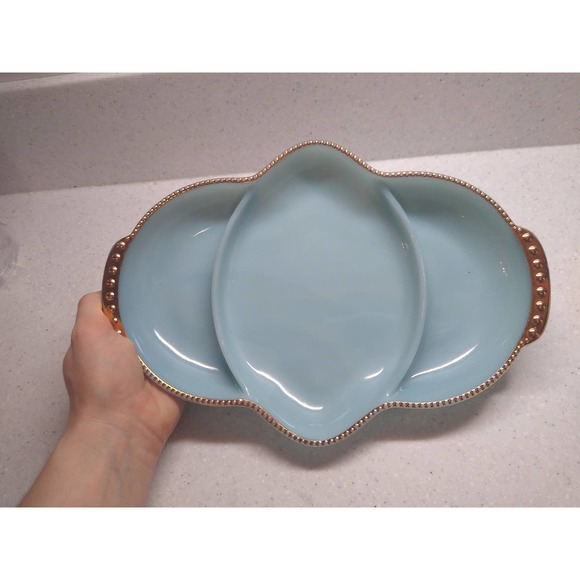 Fire king Delphite blue turquoise three part divided relish tray candy nut dish - Picture 2 of 5